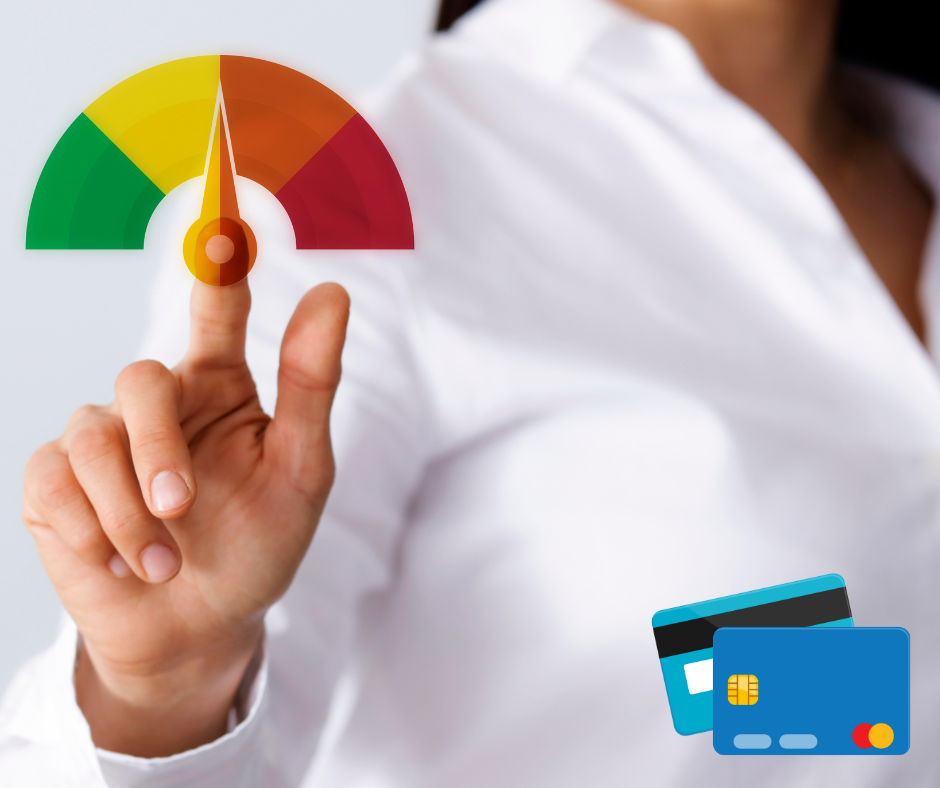 woman in front of credit card score meter